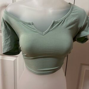 Green Fitted Crop T-Shirt off the shoulder  with V-Neck